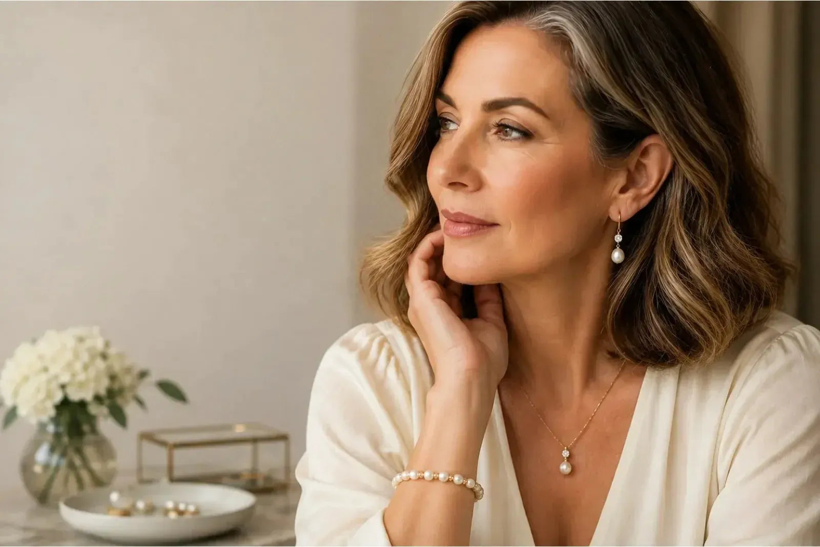 Mature woman wearing elegant pearl drop earrings, illustrating how earrings complement personal style, hairstyle and facial features.