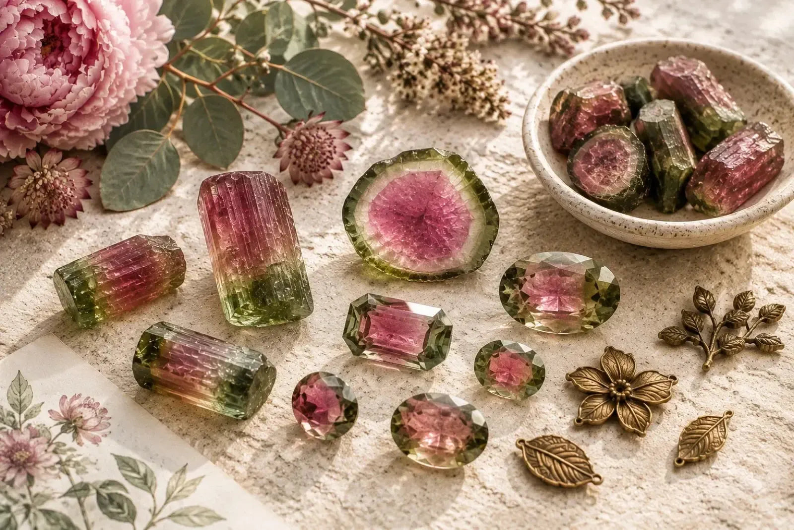 Watermelon tourmaline crystals, slices and faceted gemstones showing natural pink and green colour variation.
