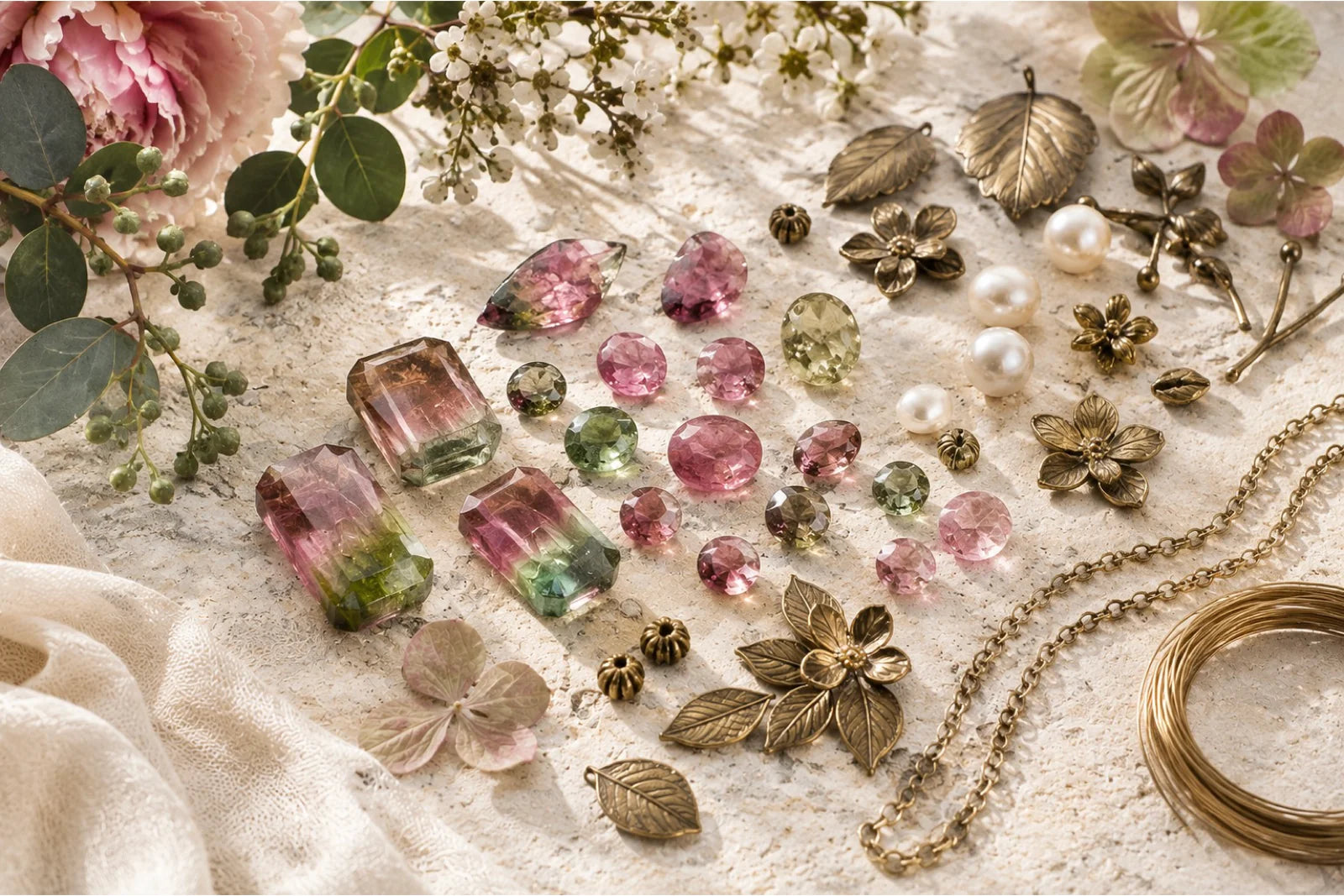 Watermelon tourmaline gemstones, pearls and vintage-inspired brass botanical elements arranged with flowers and greenery.