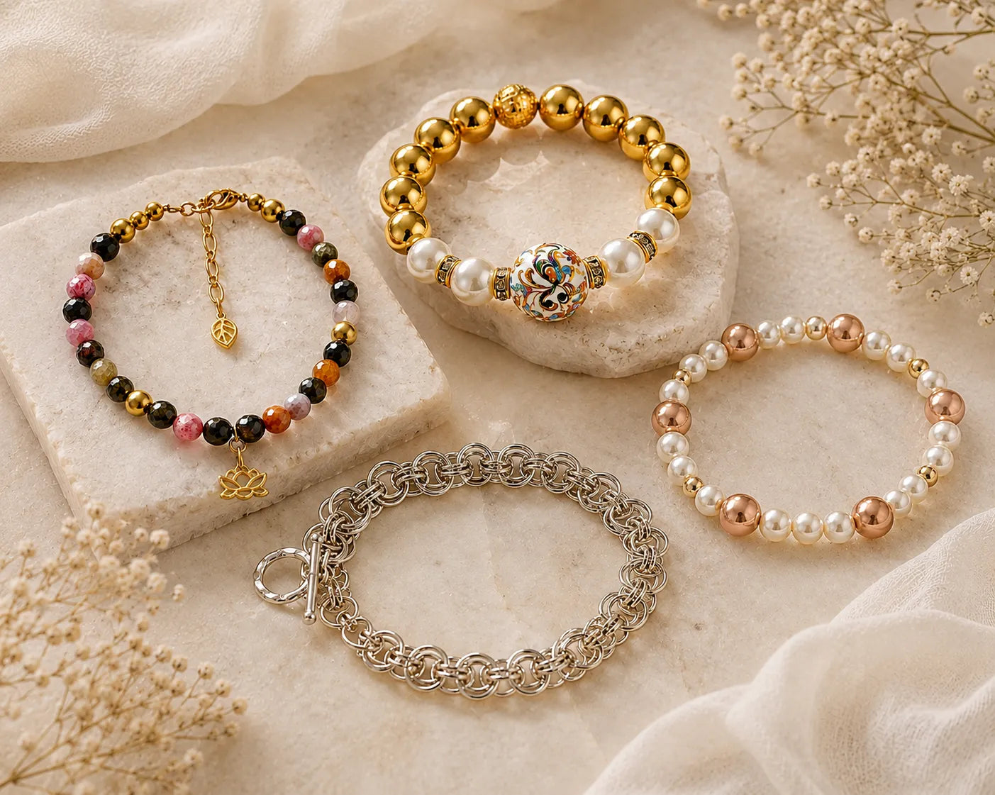 Luxury flat lay featuring the Carabella bracelet collection arranged on natural stone and soft ivory fabric.