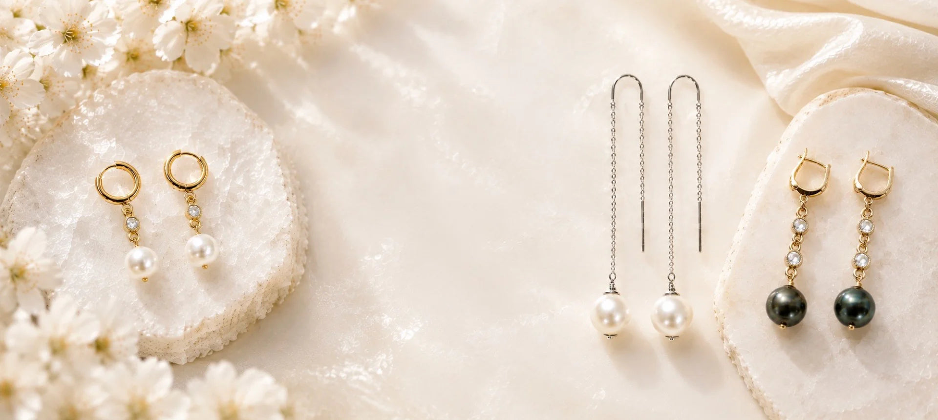 Pearl earrings collection featuring cream and dark pearl earrings in gold and silver designs, handcrafted in Canada.