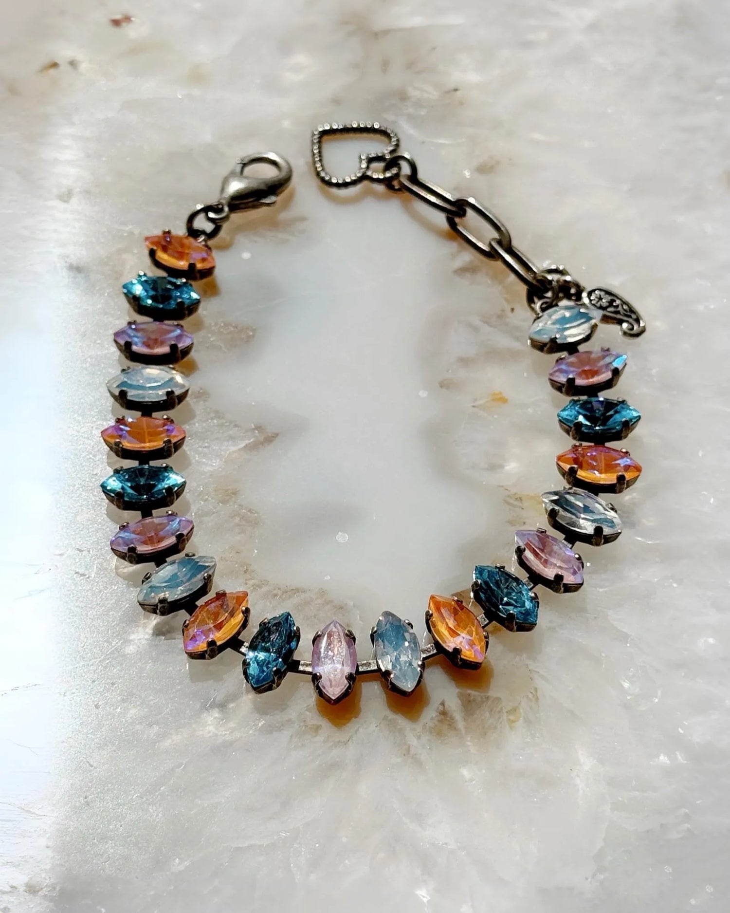 Capri limited design multicolour crystal tennis bracelet handcrafted in Canada with marquis cut Austrian crystals and antique silver detailing