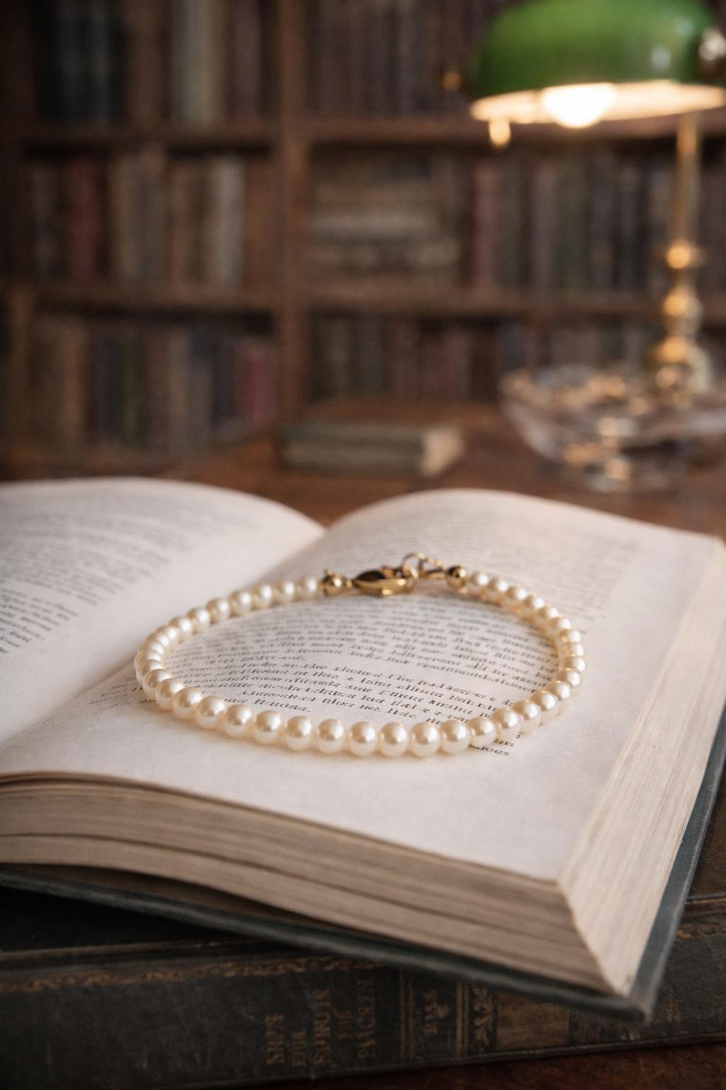 Leilani Cream Pearl Bracelet draped on an open book in a classic interior setting, highlighting refined simplicity and timeless style