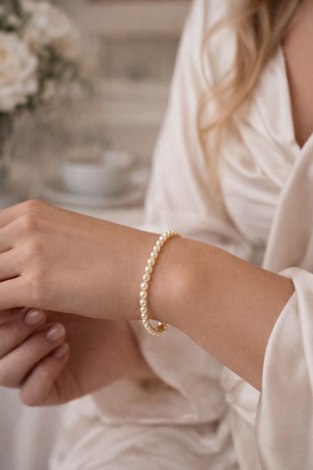 Leilani Cream Pearl Bracelet worn on the wrist in a soft, feminine lifestyle setting, showcasing its delicate scale and elegant fit