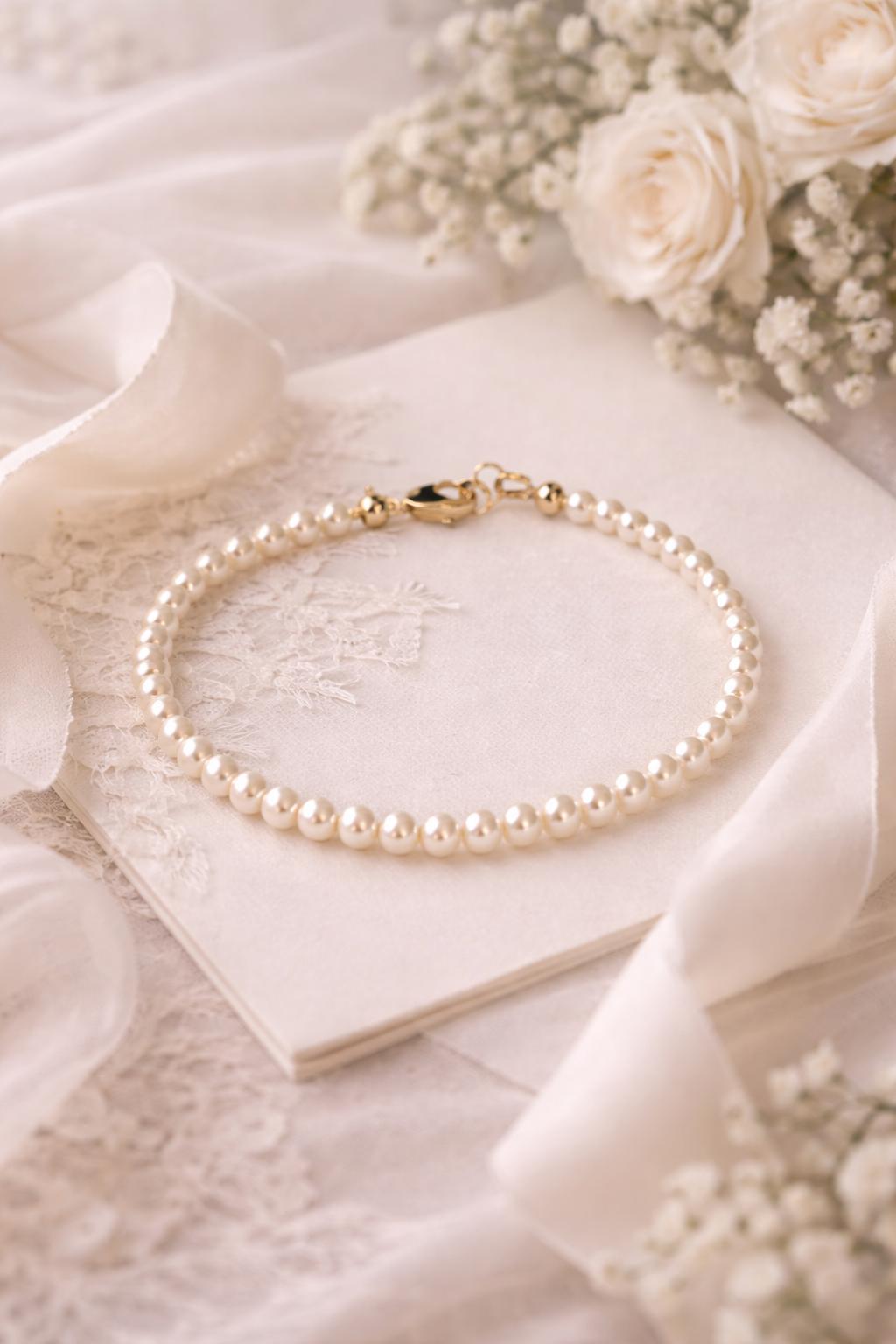 Leilani Cream Pearl Bracelet styled on a wedding invitation with soft silk ribbon, highlighting its timeless elegance and bridal appeal