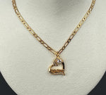 Eternal Love “Mom” heart necklace displayed on a neutral bust, highlighting the gold-plated chain and luminous cubic zirconia in Carabella by Cheryl’s signature understated luxury aesthetic.