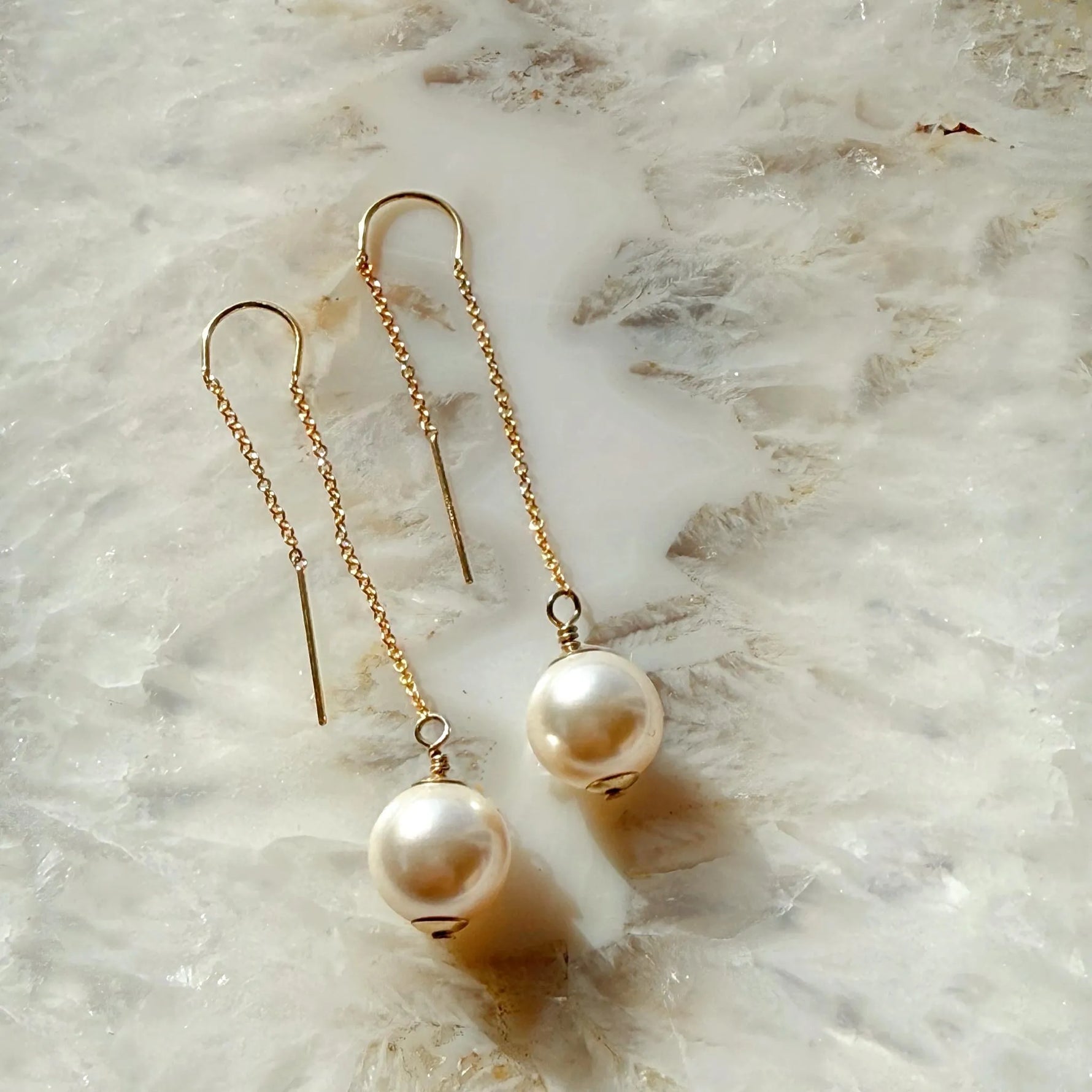 Emma Pearl Threader Earrings featuring European crystal pearls on delicate gold threader chains, handcrafted in Canada for elegant bridal and everyday wear