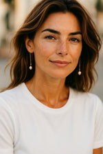 Emma Pearl Threader Earrings worn on ear, showcasing gold threader chains with luminous European crystal pearls for timeless bridal elegance