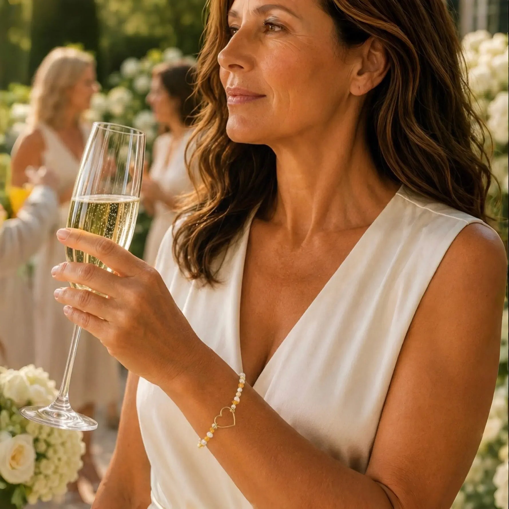 Woman wearing the Harlow Gold Bracelet at an elegant garden party, showcasing honey opal gemstones and gold heart details.