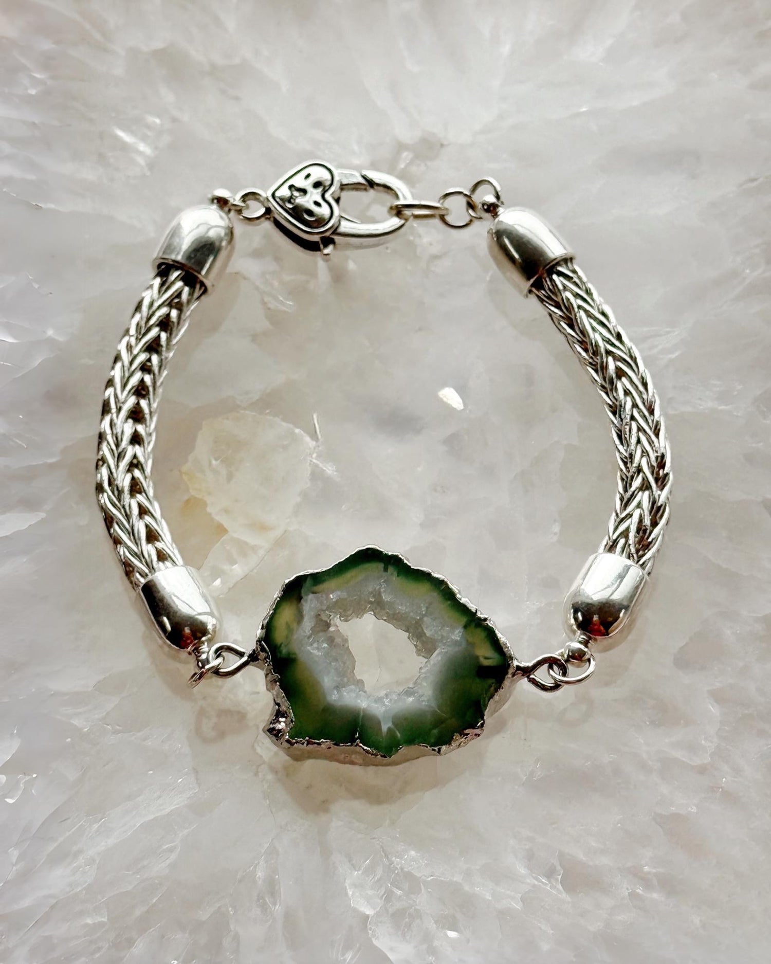 Ava Bracelet – Handwoven Fine Silver with Agate Druzy Focal - Carabella By Cheryl