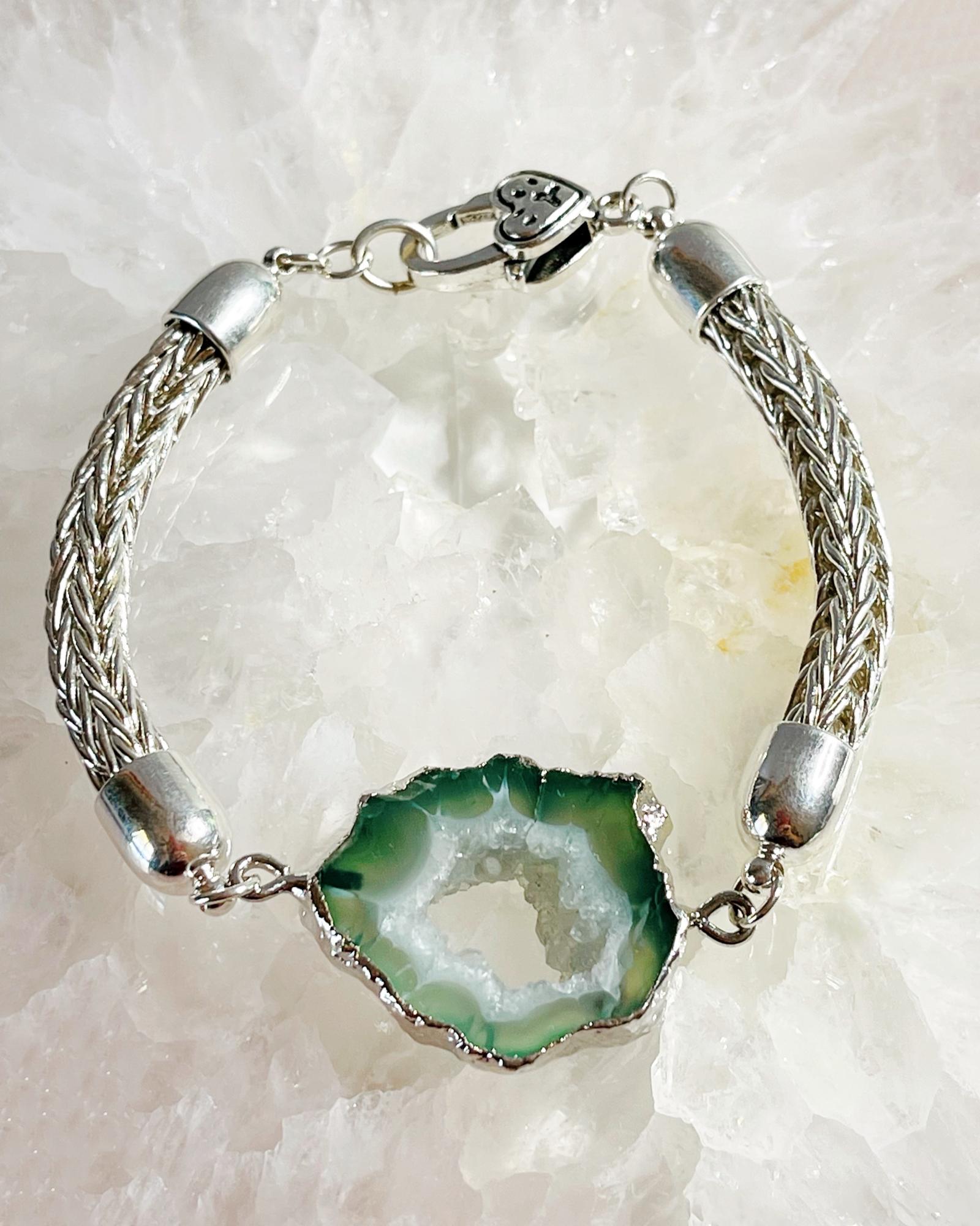 Ava Bracelet – Handwoven Fine Silver with Agate Druzy Focal - Carabella By Cheryl