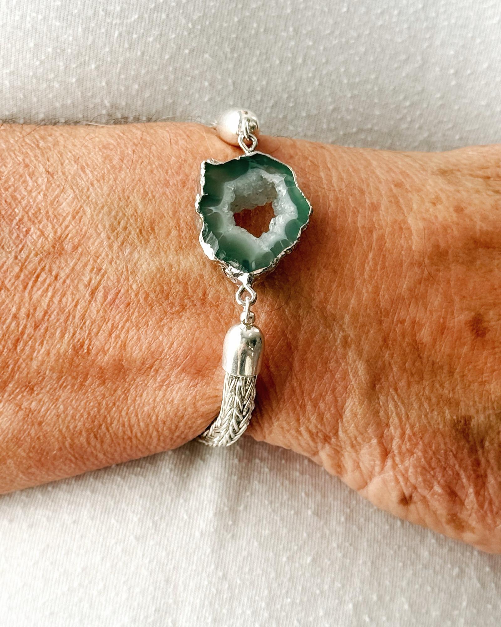 Ava Bracelet – Handwoven Fine Silver with Agate Druzy Focal - Carabella By Cheryl