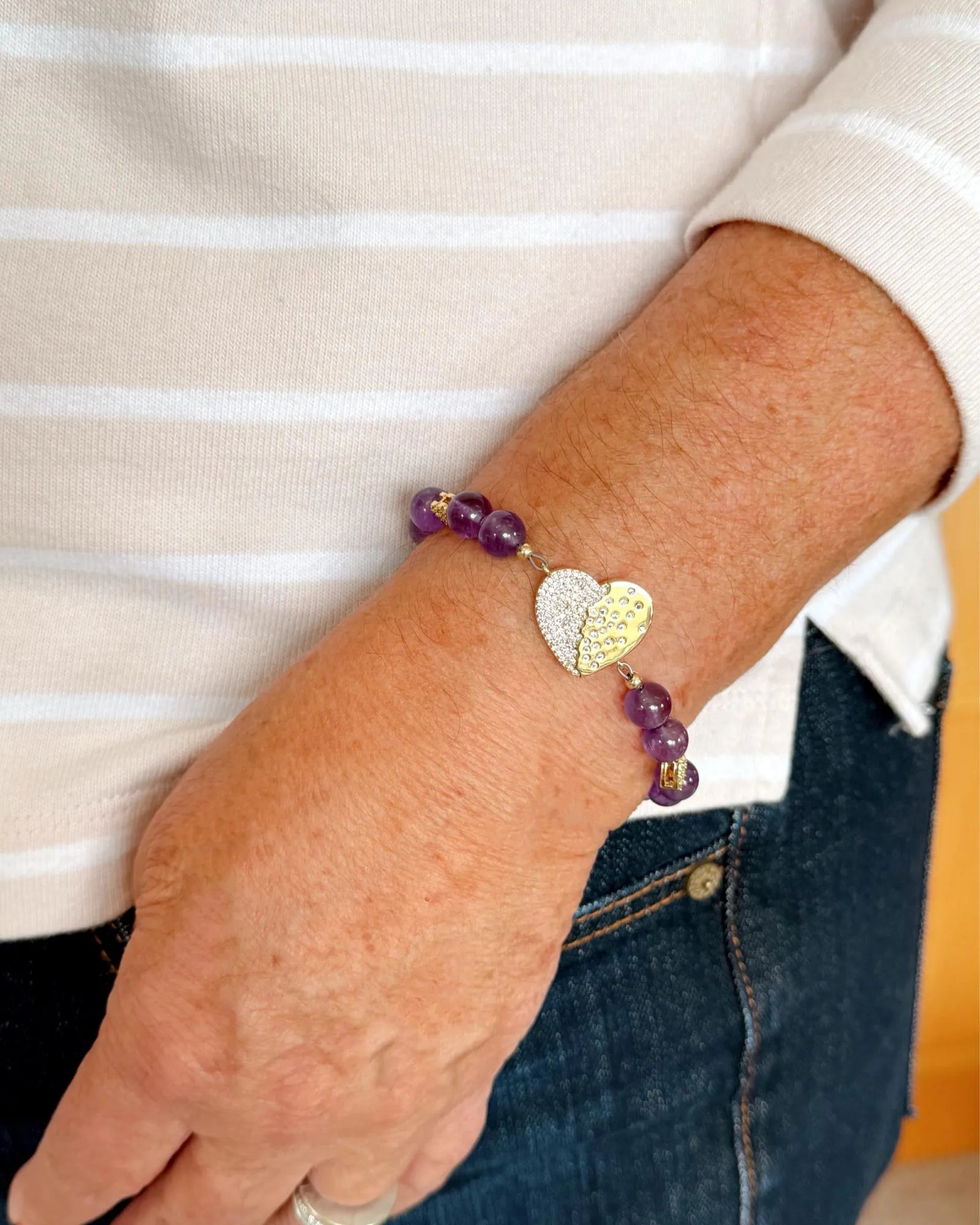 KKalei Amethyst Gemstone Bracelet worn on wrist, elegant gemstone stretch bracelet