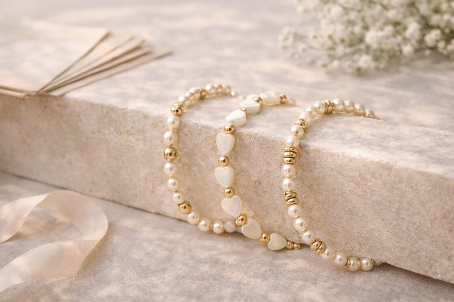 Pearl and gold bracelets styled on a soft stone ledge with neutral linen and delicate florals, photographed in warm natural light for the L’amour Edit by Carabella by Cheryl