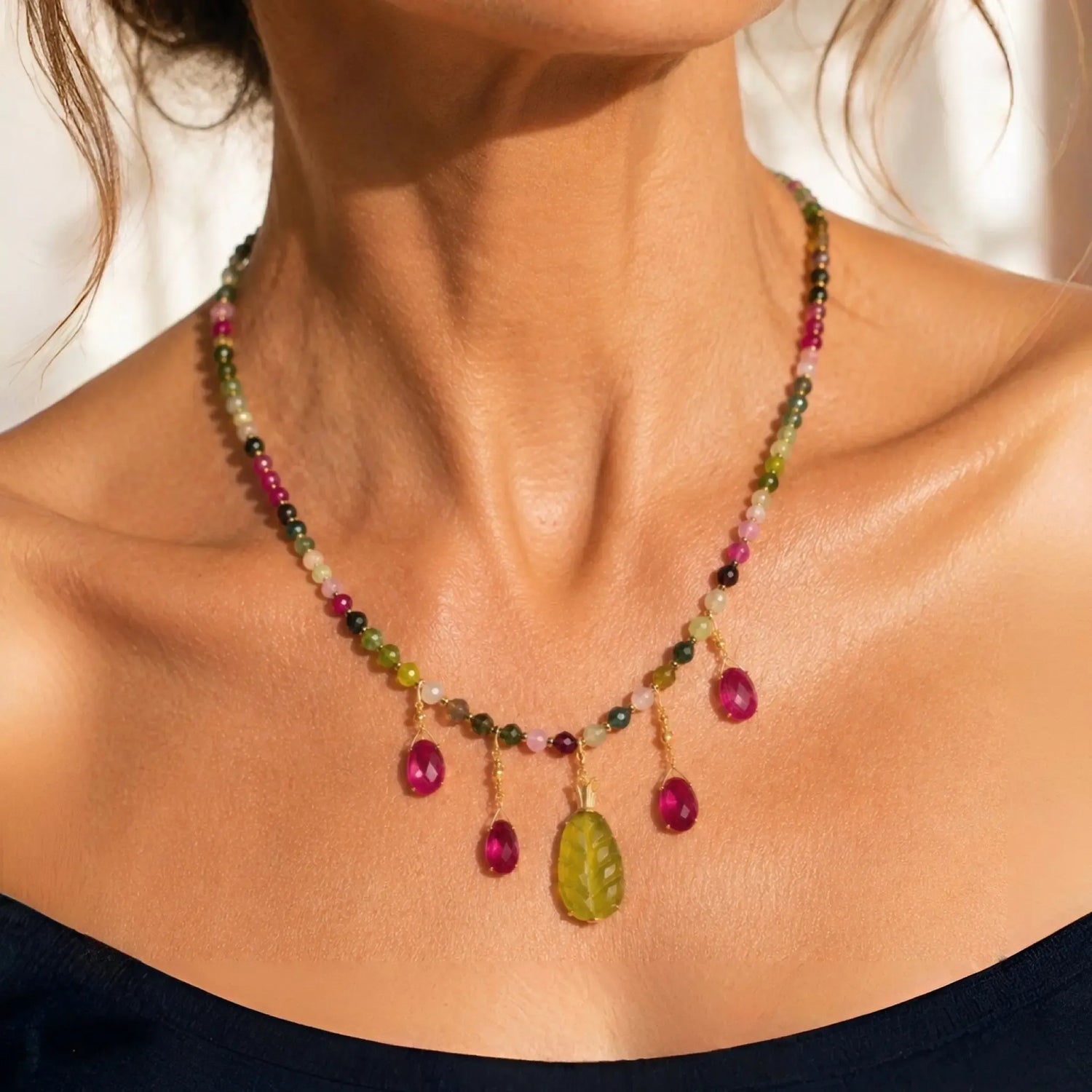 Layla Rainbow Tourmaline Necklace featuring faceted multicolour tourmaline gemstones, gemstone drop charms, and gold-filled accents.