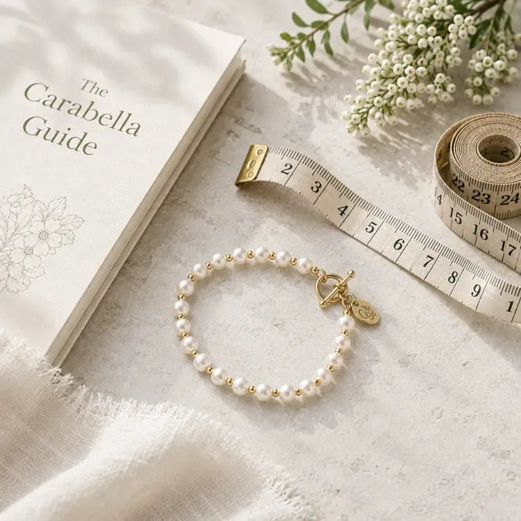Bracelet sizing and fit guide with pearl bracelet, measuring tape and Carabella Guide book
