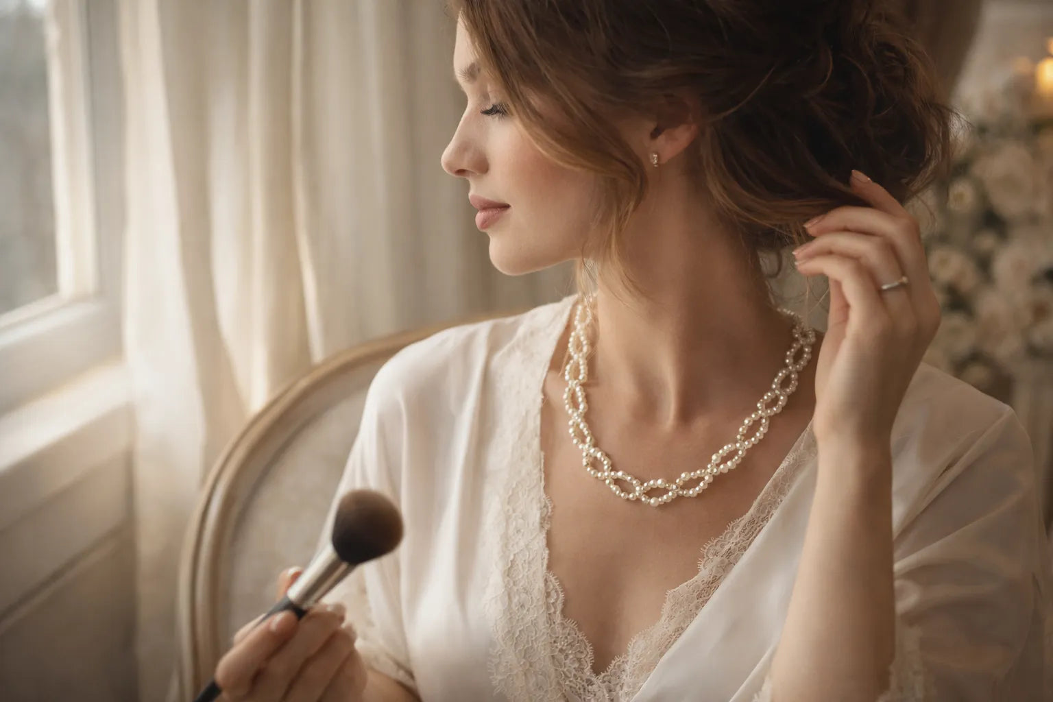 Bride wearing a freshwater pearl necklace with gold accents while getting ready near a window, soft natural bridal morning light highlighting the elegant handmade pearl jewelry.