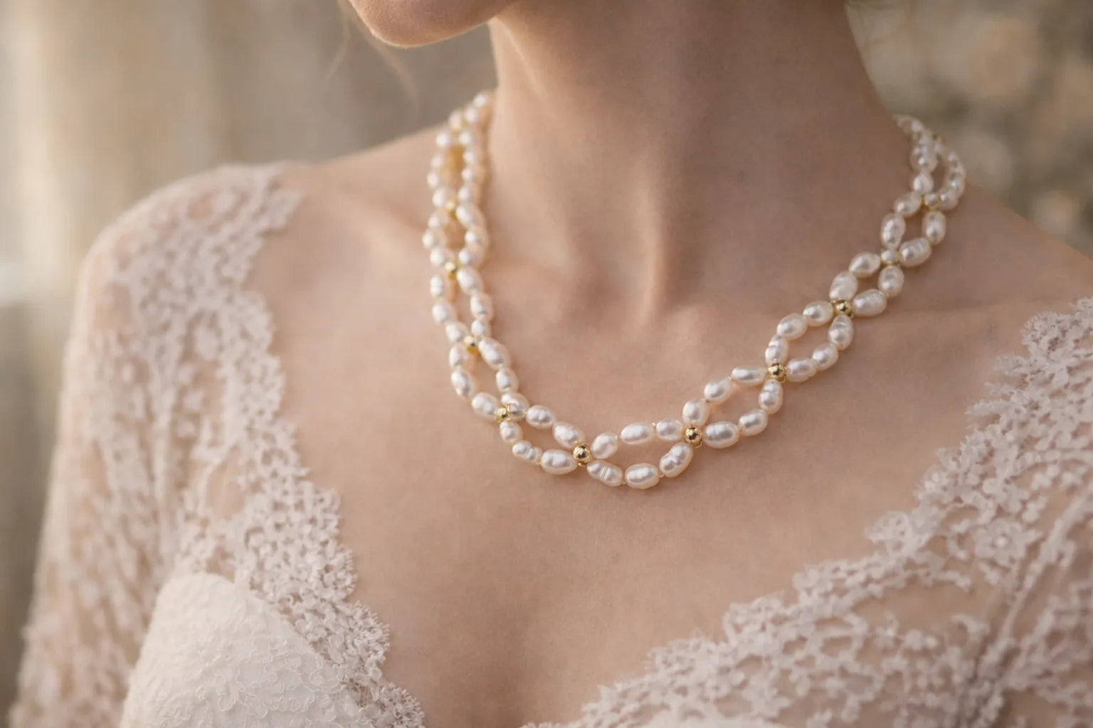 Bride wearing a freshwater pearl necklace with gold accents, close-up neckline view with lace wedding dress in soft natural bridal light.
