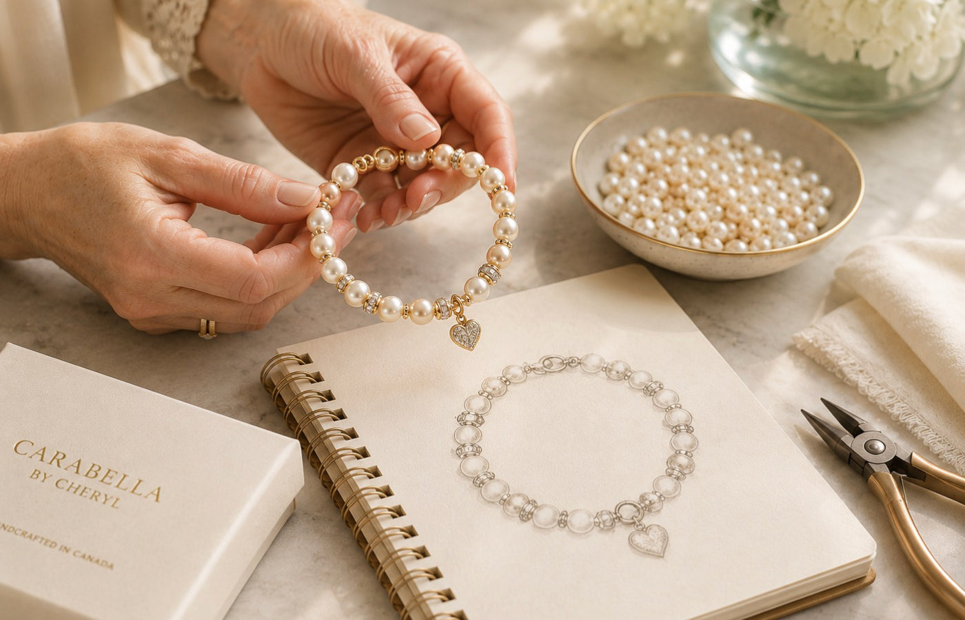 Hands carefully examining a handcrafted Carabella Swarovski® Crystal Pearl bracelet above its original design sketch, reflecting timeless craftsmanship and intentional small-batch jewellery made in Canada.