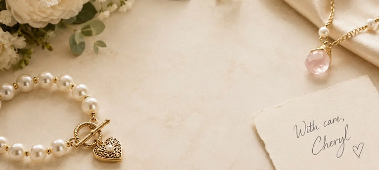 Pearl and gold jewellery with ivory flowers and a handwritten With care, Cheryl note.