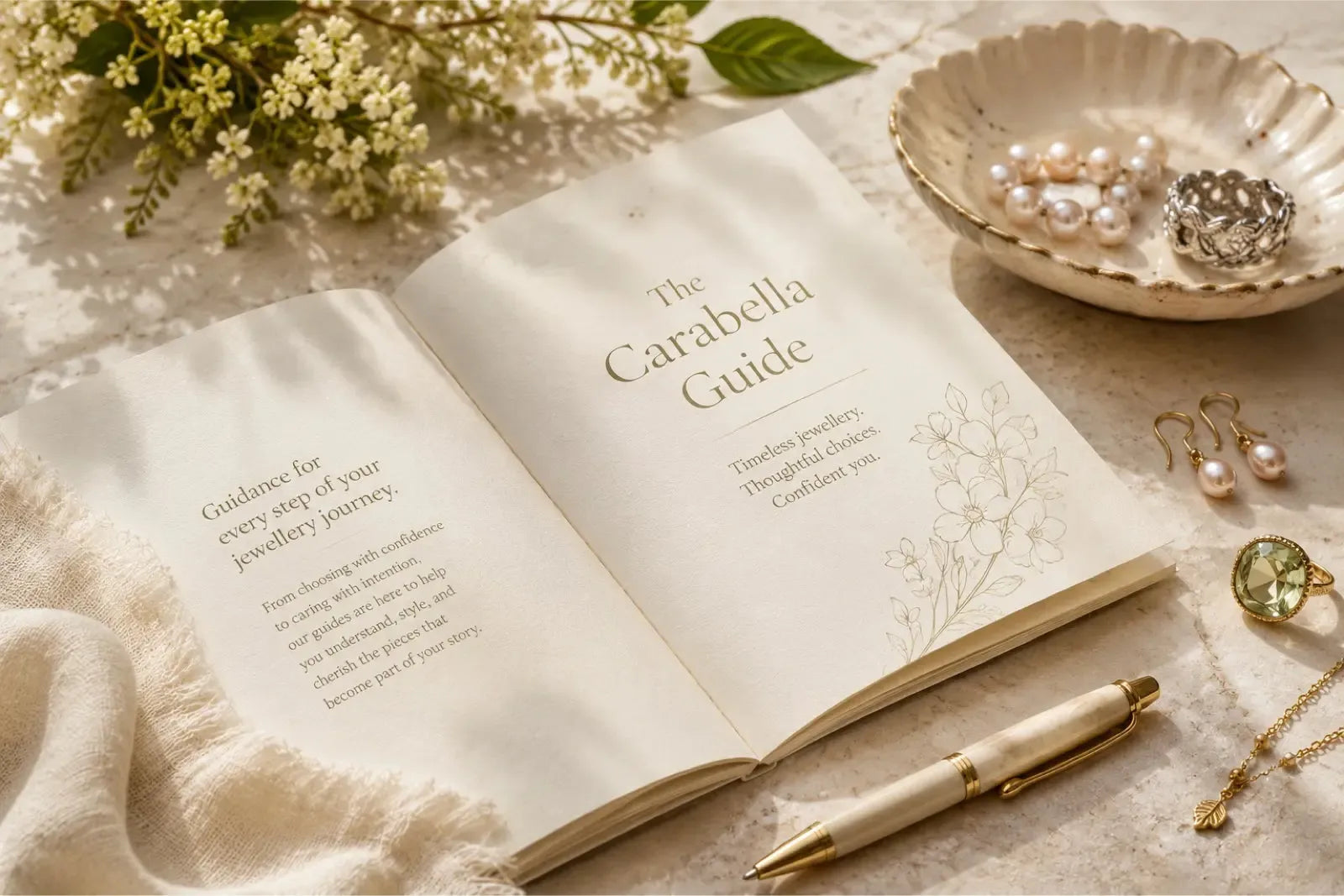 Carabella jewellery guides represented by an elegant still life with an open book, pearls, gold jewellery and botanical details.