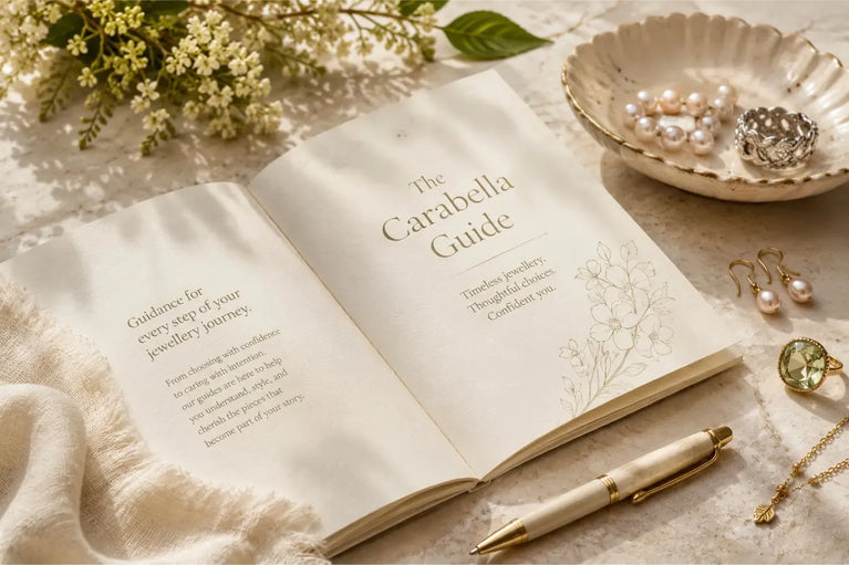 Carabella jewellery guides represented by an elegant still life with an open book, pearls, gold jewellery and botanical details.