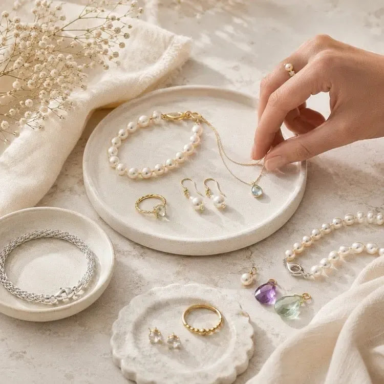 Pearl, gemstone, gold and silver jewellery arranged for personal styling in The Carabella Guide.
