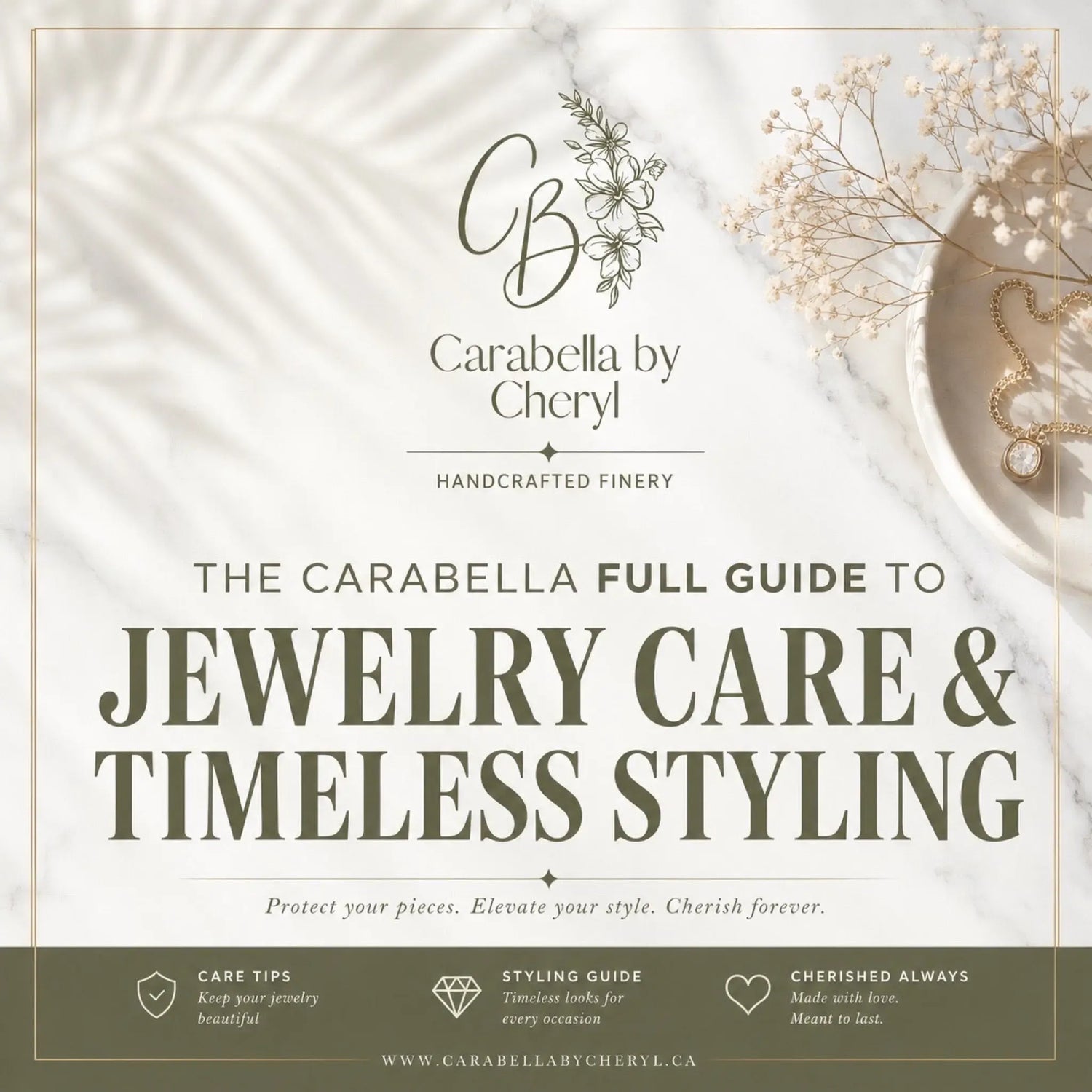 Download the Carabella by Cheryl eBook, "The Carabella Full Guide to Jewelry Care & Timeless Styling," featuring expert jewellery care, storage, cleaning, and timeless styling tips.