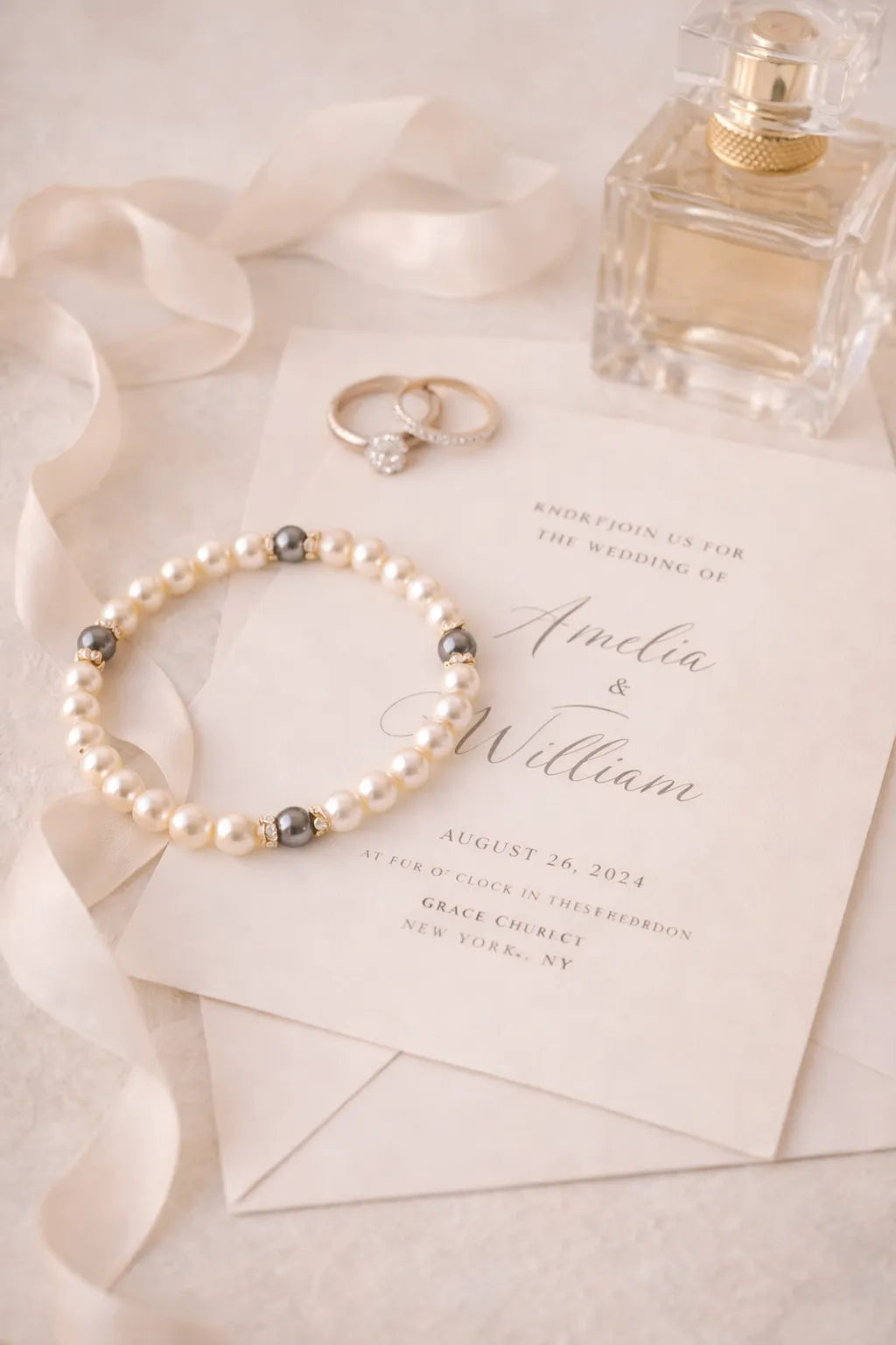 Carabella pearl bridal bracelet styled beside a wedding invitation, silk ribbon, rings, and perfume bottle.