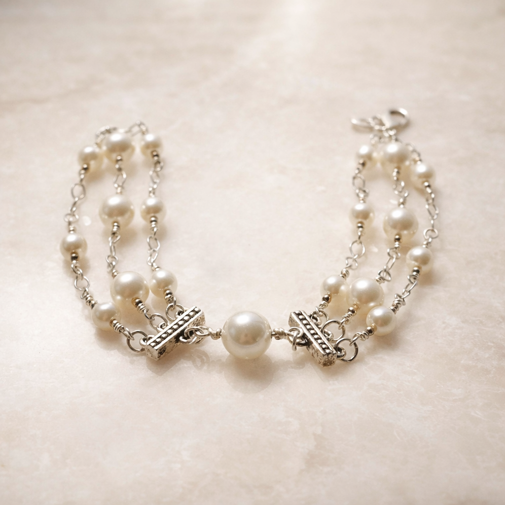 Cream European crystal pearl bracelet with sterling silver toggle accents and central focal pearl, styled on a soft alabaster surface in a refined luxury editorial setting.