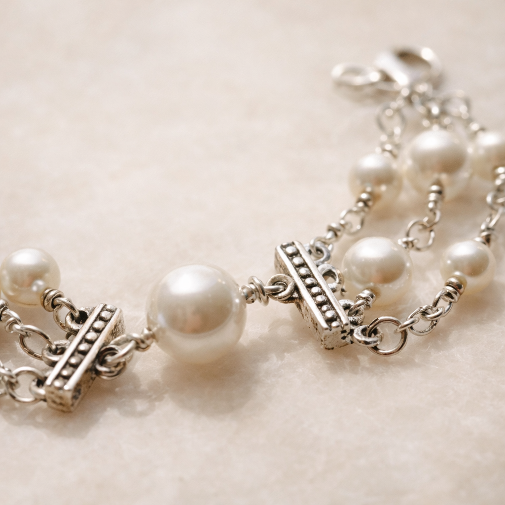 Close-up macro detail of a cream European crystal pearl bracelet with sterling silver toggle bars and chain links, highlighting craftsmanship and luminous texture on a soft neutral surface.