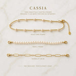 Cassia convertible necklace showing the three handcrafted strands separately: gold tube strand, Swarovski® Crystal Pearl strand and paperclip chain.