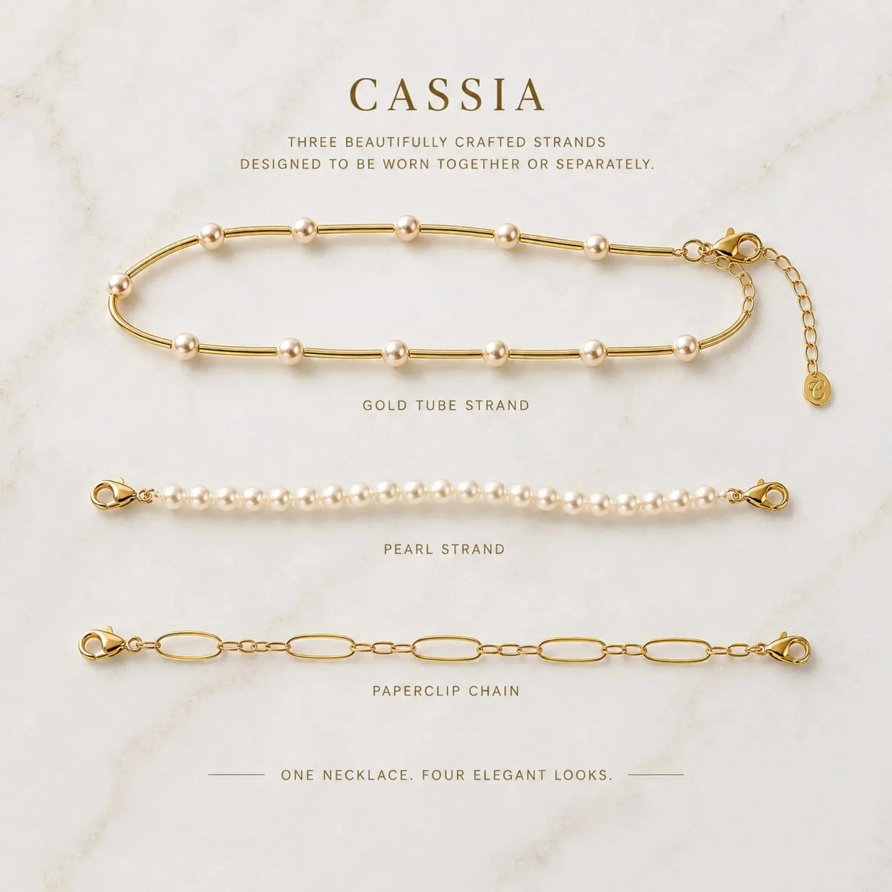 Cassia convertible necklace showing the three handcrafted strands separately: gold tube strand, Swarovski® Crystal Pearl strand and paperclip chain.