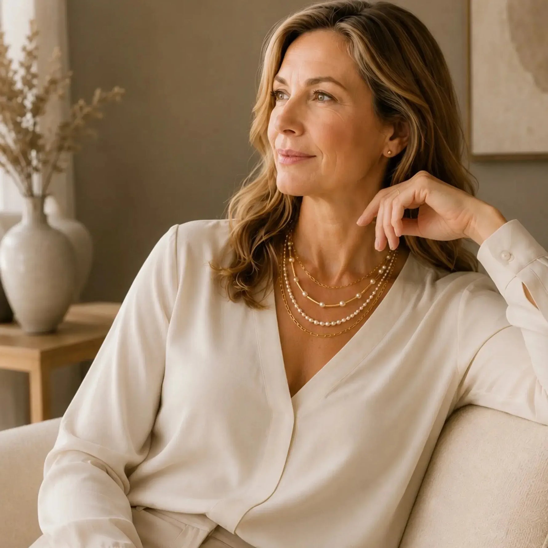 Elegant woman relaxing in a luxury interior wearing the complete Cassia convertible pearl layered necklace with Swarovski® Crystal Pearls and polished gold accents.