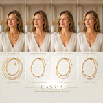 Cassia convertible pearl necklace shown four ways on an elegant woman. demonstrating all together, tube strand, tube with chain, and tube with pearl styling options.