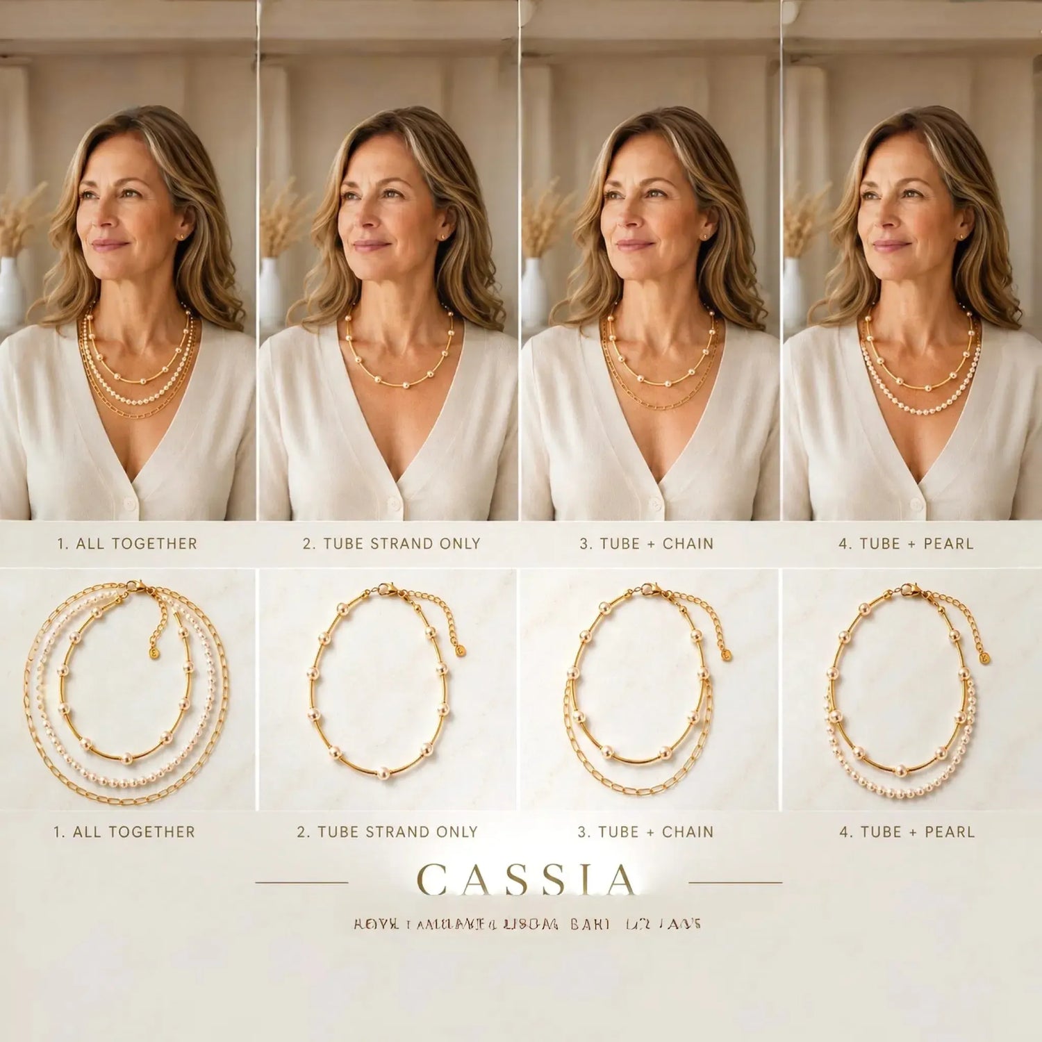 Cassia convertible pearl necklace shown four ways on an elegant woman. demonstrating all together, tube strand, tube with chain, and tube with pearl styling options.
