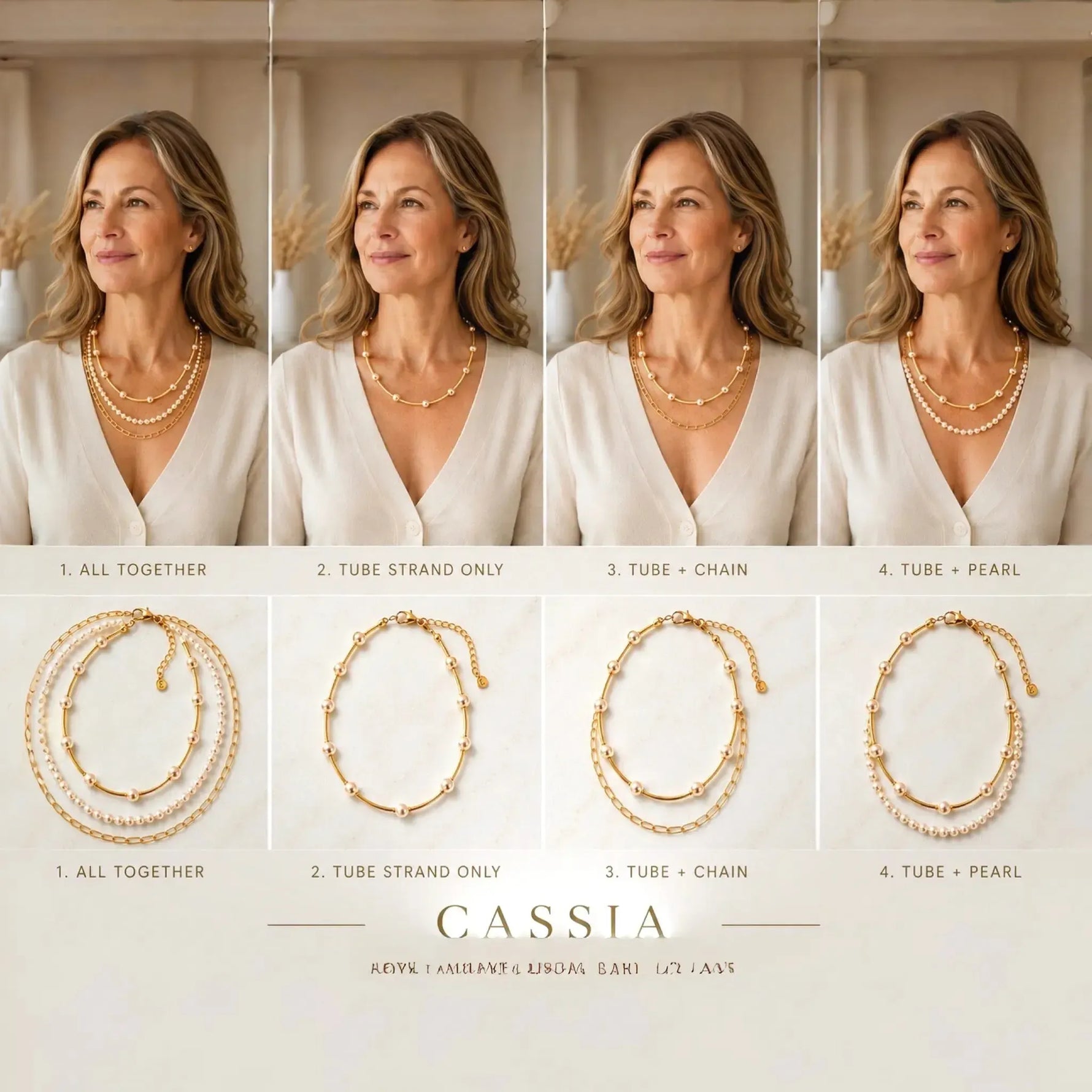 Cassia convertible pearl necklace shown four ways on an elegant woman. demonstrating all together, tube strand, tube with chain, and tube with pearl styling options.