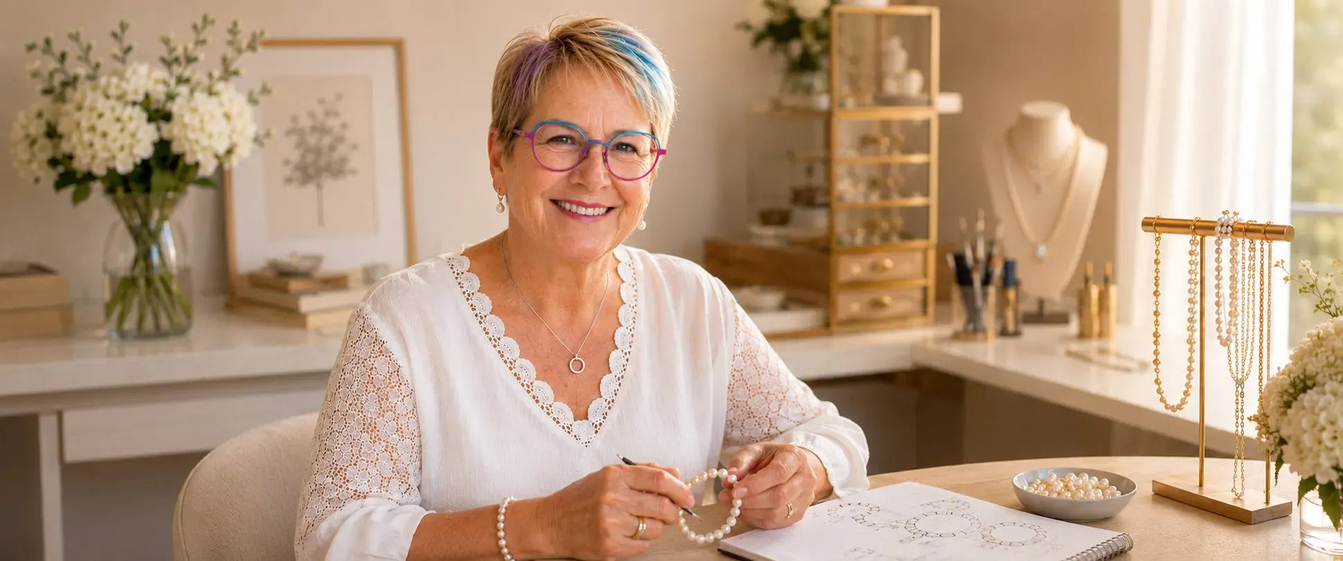 Cheryl Borisenko, founder of Carabella Jewellery, thoughtfully examining a handcrafted pearl bracelet in her bright Canadian jewellery atelier.