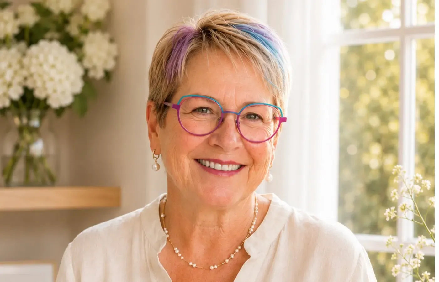Editorial portrait of Cheryl Borisenko, founder of Carabella Jewellery, standing beside a sunlit window wearing an ivory linen blouse and handcrafted pearl jewellery.