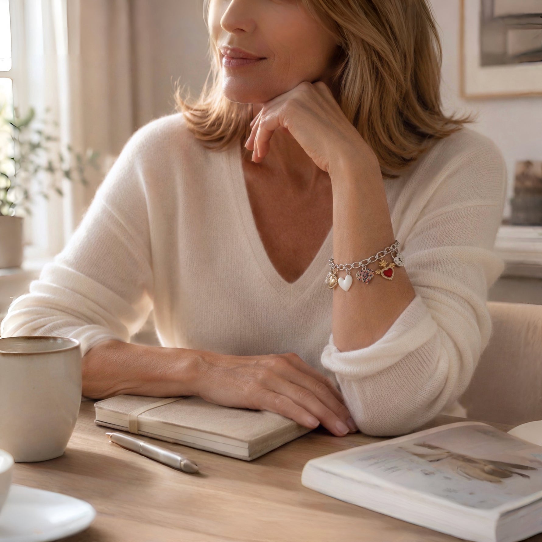 Woman wearing the Esme Silver Charm Bracelet with an ivory cashmere sweater in a refined everyday lifestyle setting.