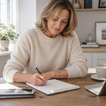Woman wearing the Gemma handwoven .999 fine silver bracelet while writing at a desk, styled with a cream cashmere sweater in natural window light.