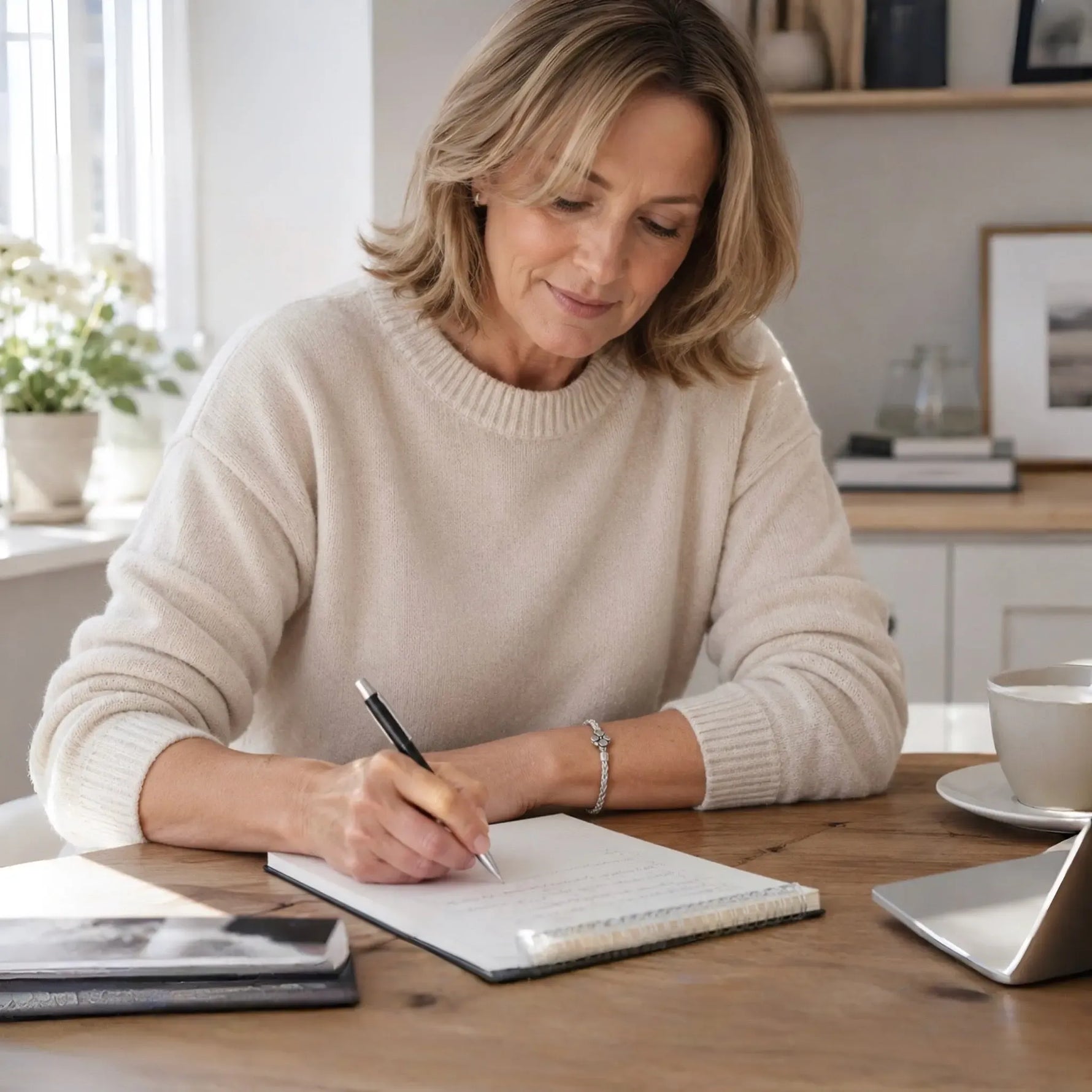 Woman wearing the Gemma handwoven .999 fine silver bracelet while writing at a desk, styled with a cream cashmere sweater in natural window light.