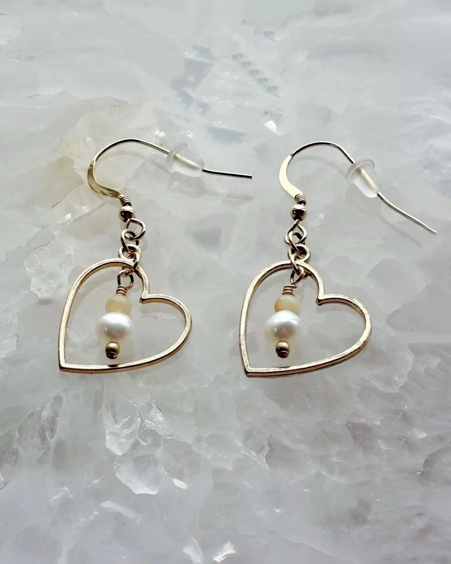 Harlow gold and pearl earrings with honey opal gemstone, handcrafted luxury jewelry by Carabella by Cheryl