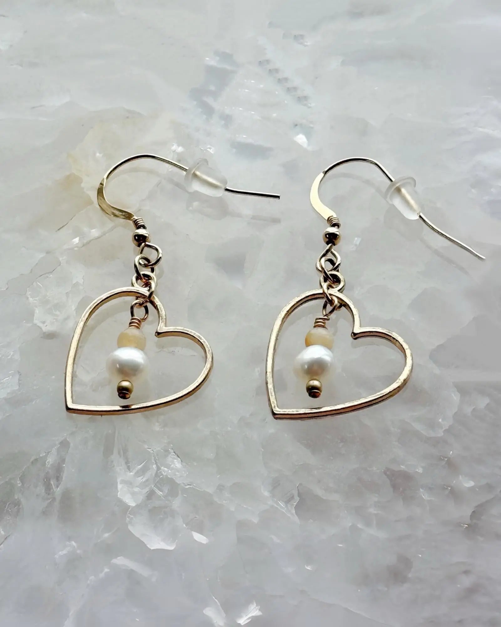 Harlow gold and pearl earrings with honey opal gemstone, handcrafted luxury jewelry by Carabella by Cheryl