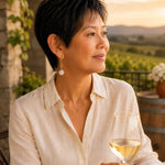 Woman wearing Jewel Cracked Agate Coin Earrings on a winery terrace at golden hour, styled with a neutral linen blouse and white wine glass in a sophisticated travel-inspired lifestyle setting.