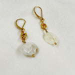 Jewel Cracked Agate Earrings displayed on a white jewelry pillow, featuring cracked agate beads, gold-plated links, and 14k gold-filled lever-back ear wires.