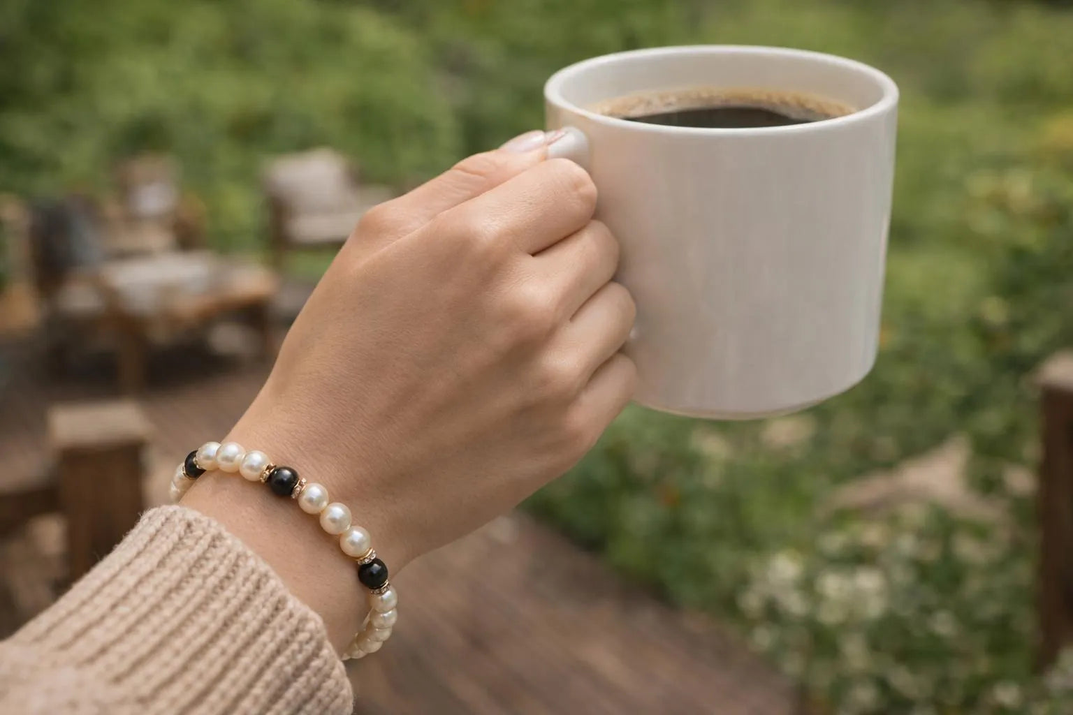 Juanita Pearl Stretch Bracelet worn on the wrist, blending luminous pearls with charcoal accents and gold detailing for effortless, everyday elegance.