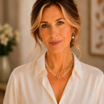 Model wearing the Kailani Freshwater Pearl Necklace with coordinating Melia Freshwater Pearl Earrings, showcasing a refined handcrafted freshwater pearl jewellery pairing.