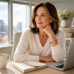 Woman wearing the Kalei amethyst bracelet with pavé heart connector in a bright executive office, styled with an ivory cashmere sweater.