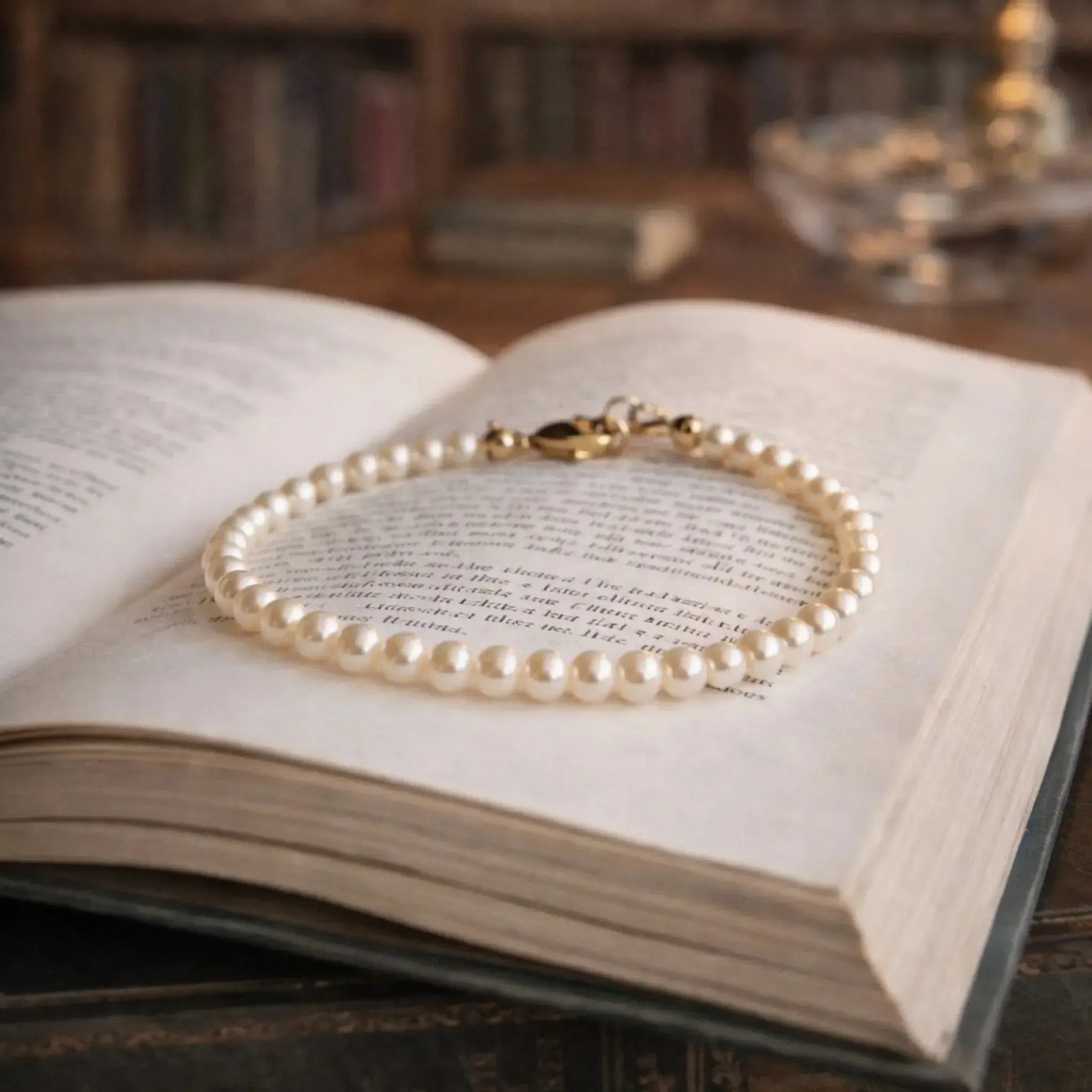 Leilani Swarovski® Crystal Pearl Bracelet resting on an open book in a refined library setting, featuring cream Swarovski® Crystal Pearls and a polished 14k gold clasp with timeless, quiet luxury appeal.